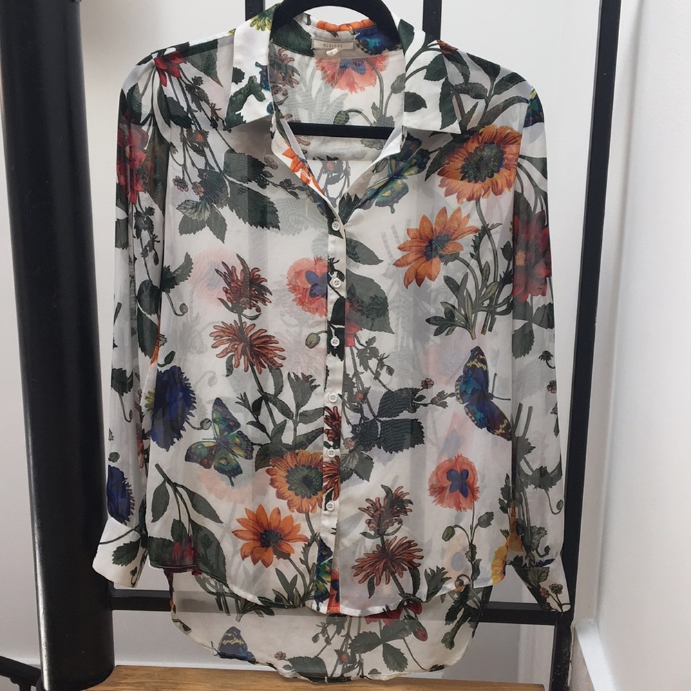 Pleione Floral Pattern Sheer Button Down Blouse